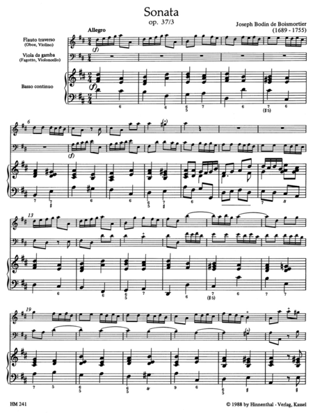 Sonate for Flute (Oboe, Violin), Viol (Bassoon, Violoncello) and Basso continuo D major op. 37/3
