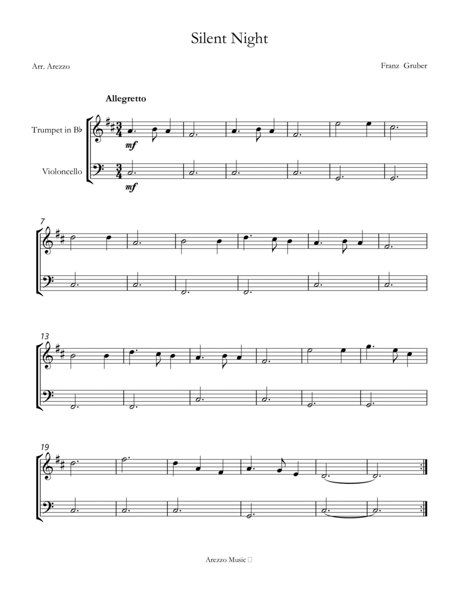 Silent Night carol for beginners sheet music for trumpet and cello image number null