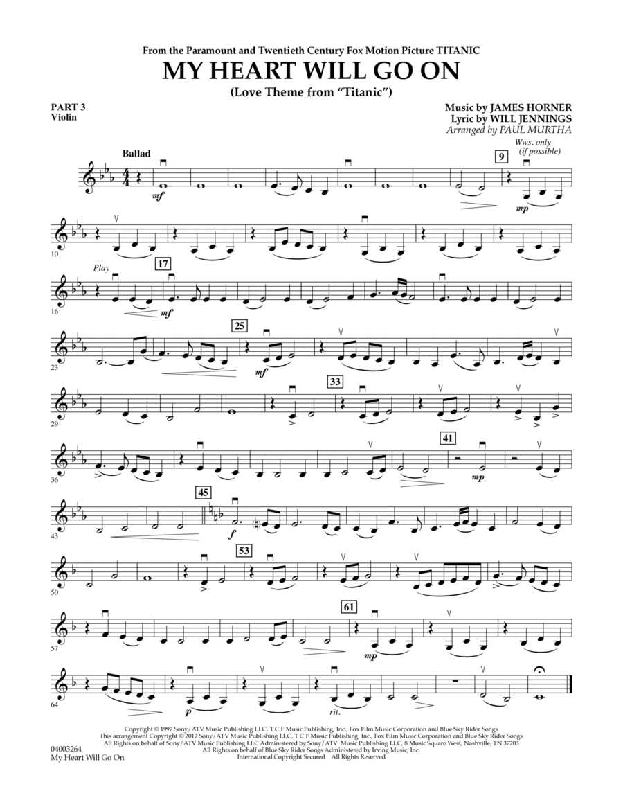 My Heart Will Go On (Love Theme from Titanic) - Pt.3 - Violin Concert Band scores gallery preview page 1