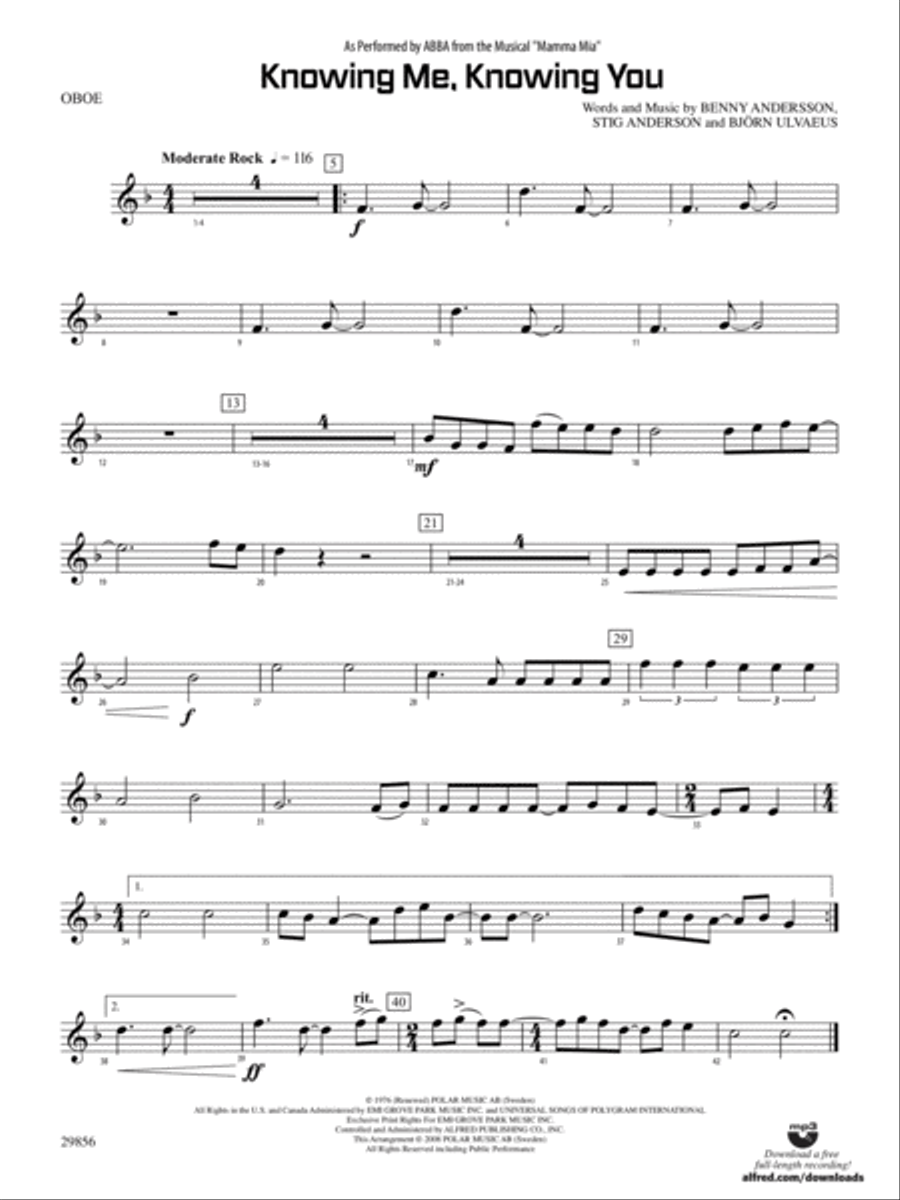 Knowing Me, Knowing You (As performed by ABBA from the musical Mamma Mia): Oboe Concert Band scores gallery preview page 1