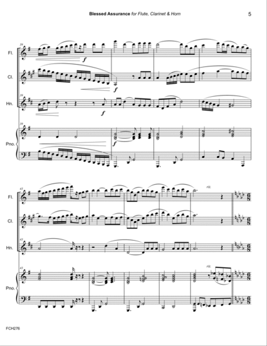 BLESSED ASSURANCE - FLUTE, CLARINET & HORN (or Alto Sax) with Piano Accompaniment Small Ensemble scores gallery preview page 5