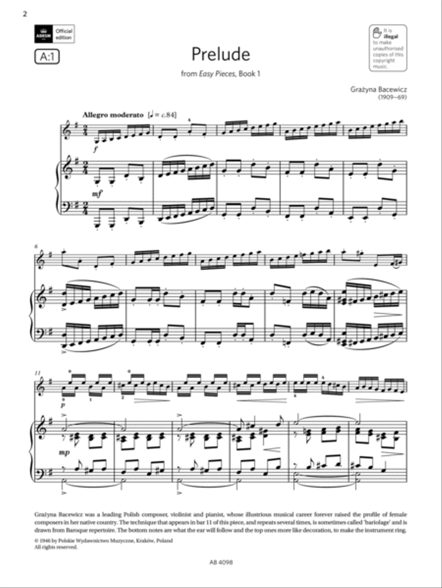 Prelude Grade 4 A1 from the ABRSM Violin Syllabus from 2024 by Grazyna Bacewicz Violin Solo Digital Sheet Music Sheet Music Plus