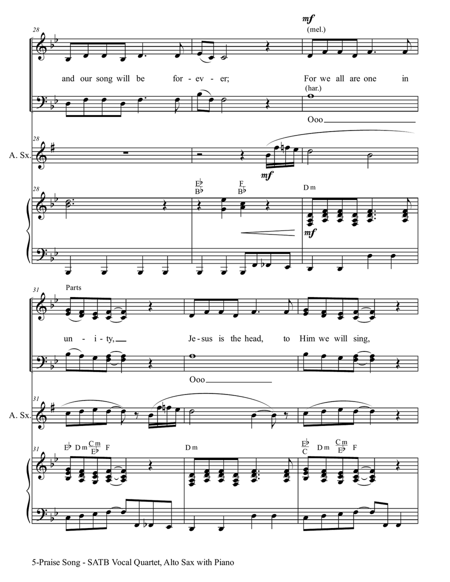 PRAISE SONG (SATB Vocal Quartet with Alto Sax & Piano) image number null