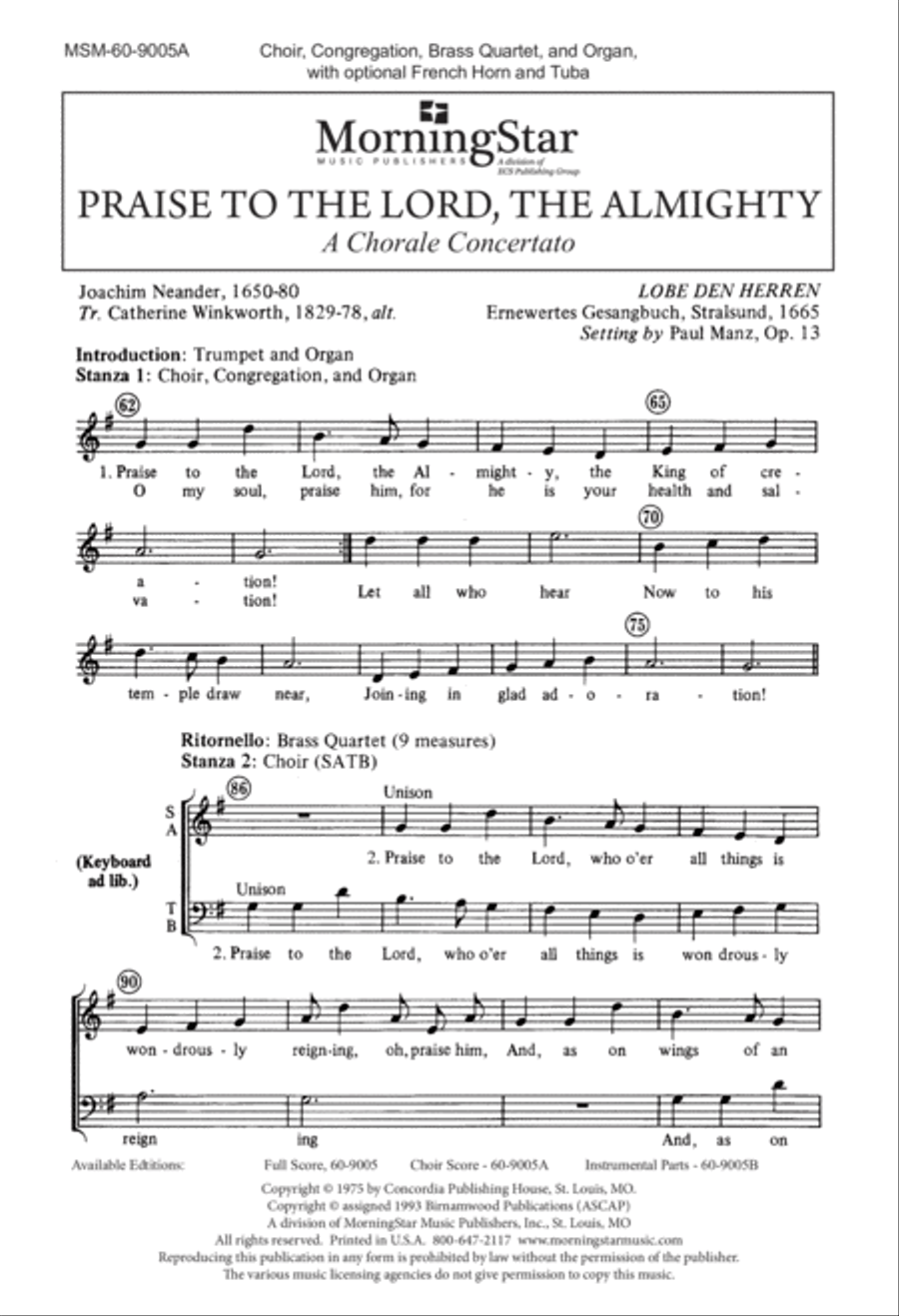 Praise to the Lord, the Almighty (Downloadable Choral Score)