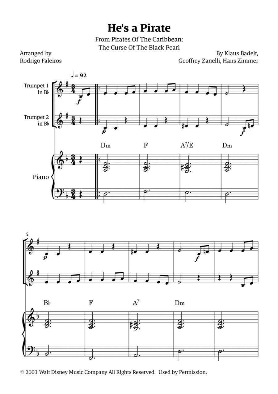 He's A Pirate Trumpet Duet scores gallery preview page 1
