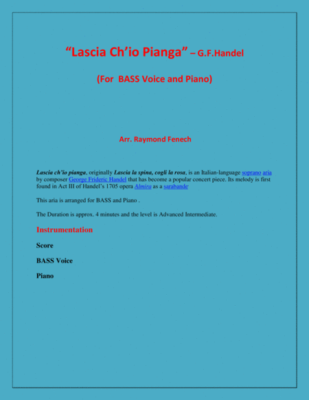 Lascia Ch'io Pianga - From Opera 'Rinaldo' - G.F. Handel ( Bass Voice and Piano) image number null