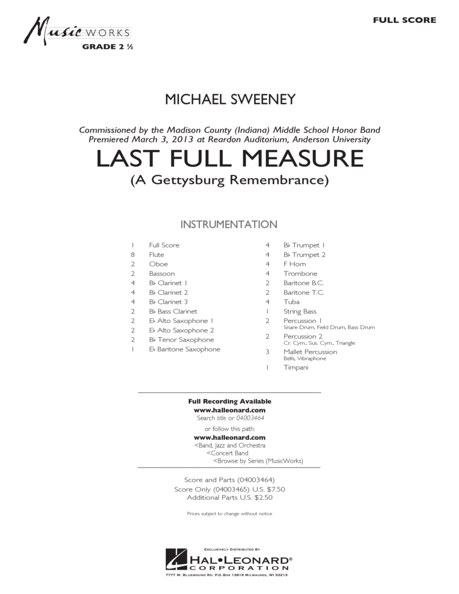 Last Full Measure (A Gettysburg Remembrance) - Full Score Concert Band scores gallery preview page 1
