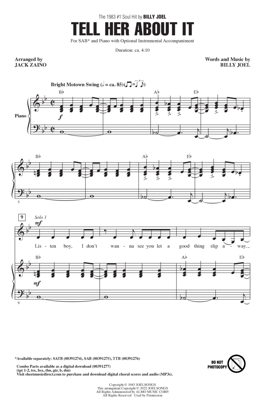 Tell Her About It (arr. Jack Zaino) 3-Part scores gallery preview page 1