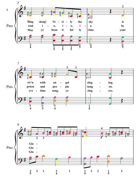 Ding Dong Merrily on High Elementary Piano Sheet Music Colored Notes