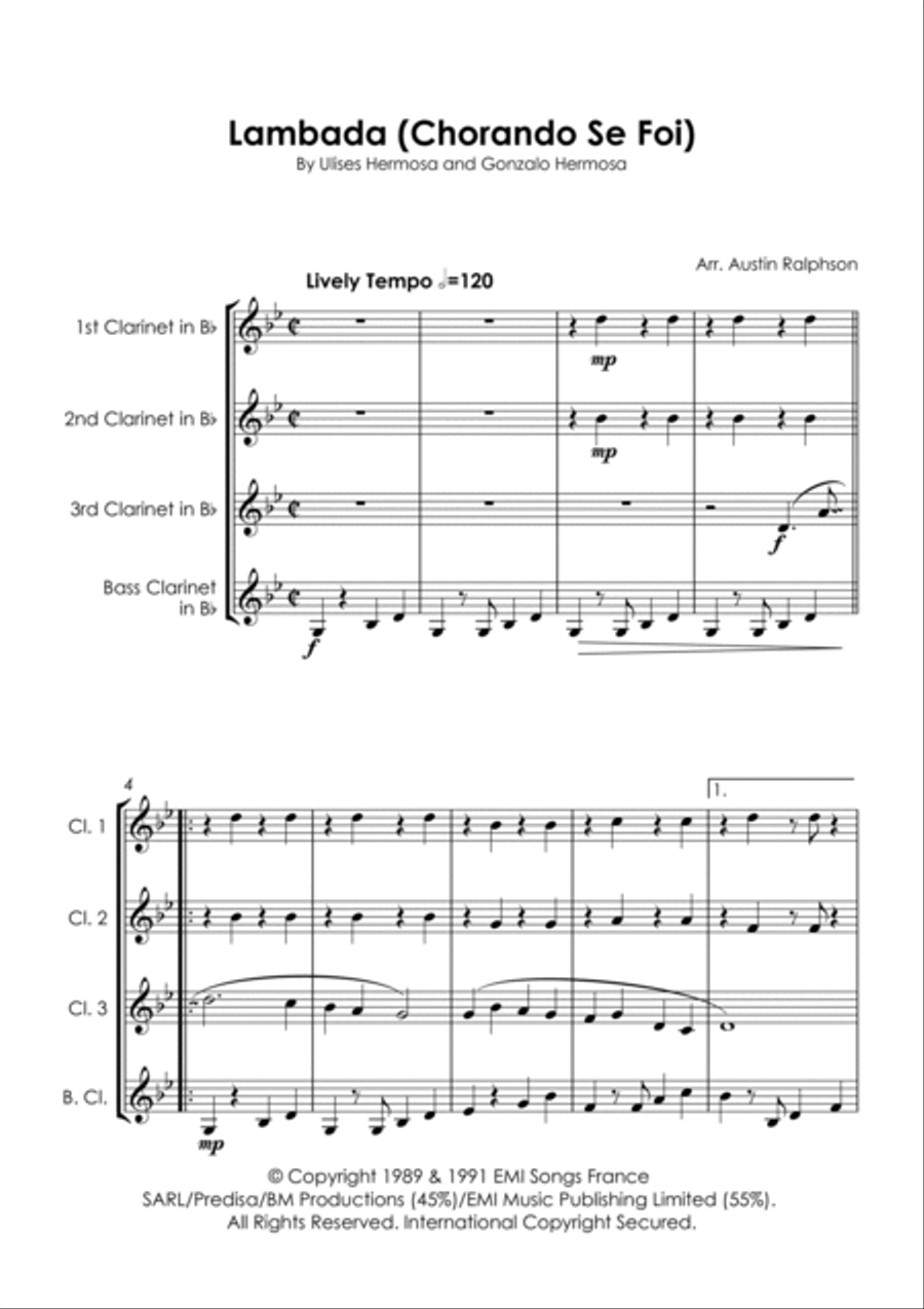 Chorando Se Foi (lambada) Clarinet Quartet scores gallery preview page 5