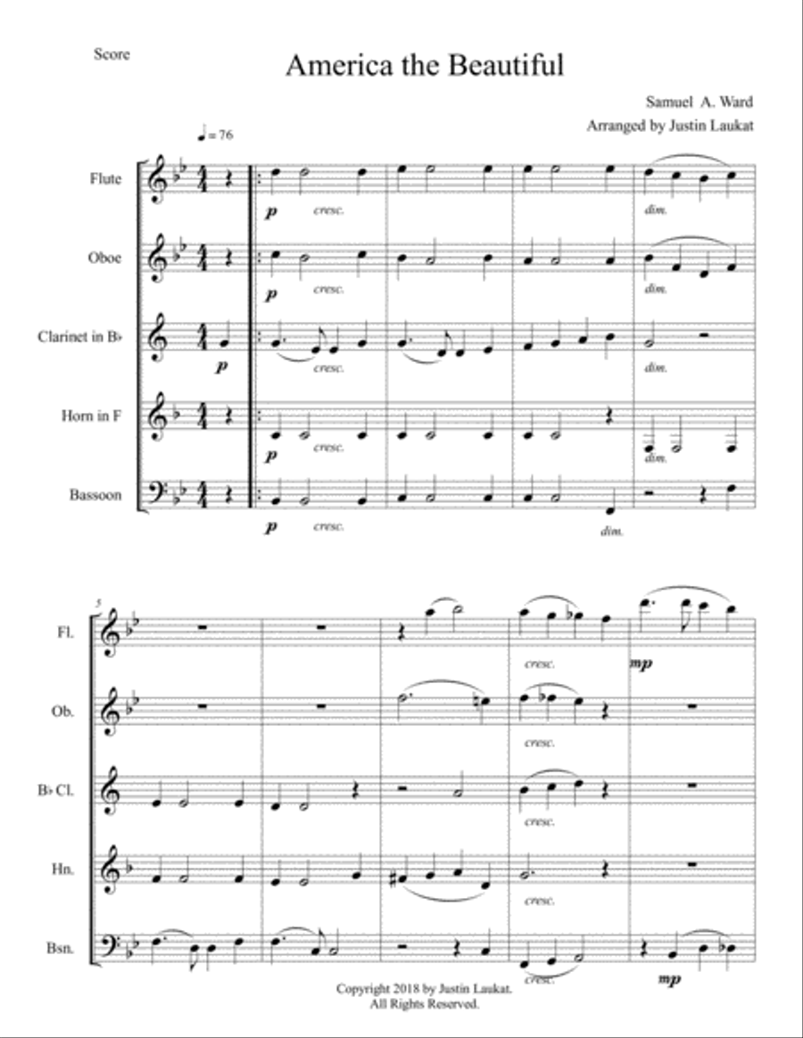 America the Beautiful Woodwind Quintet scores gallery preview page 1