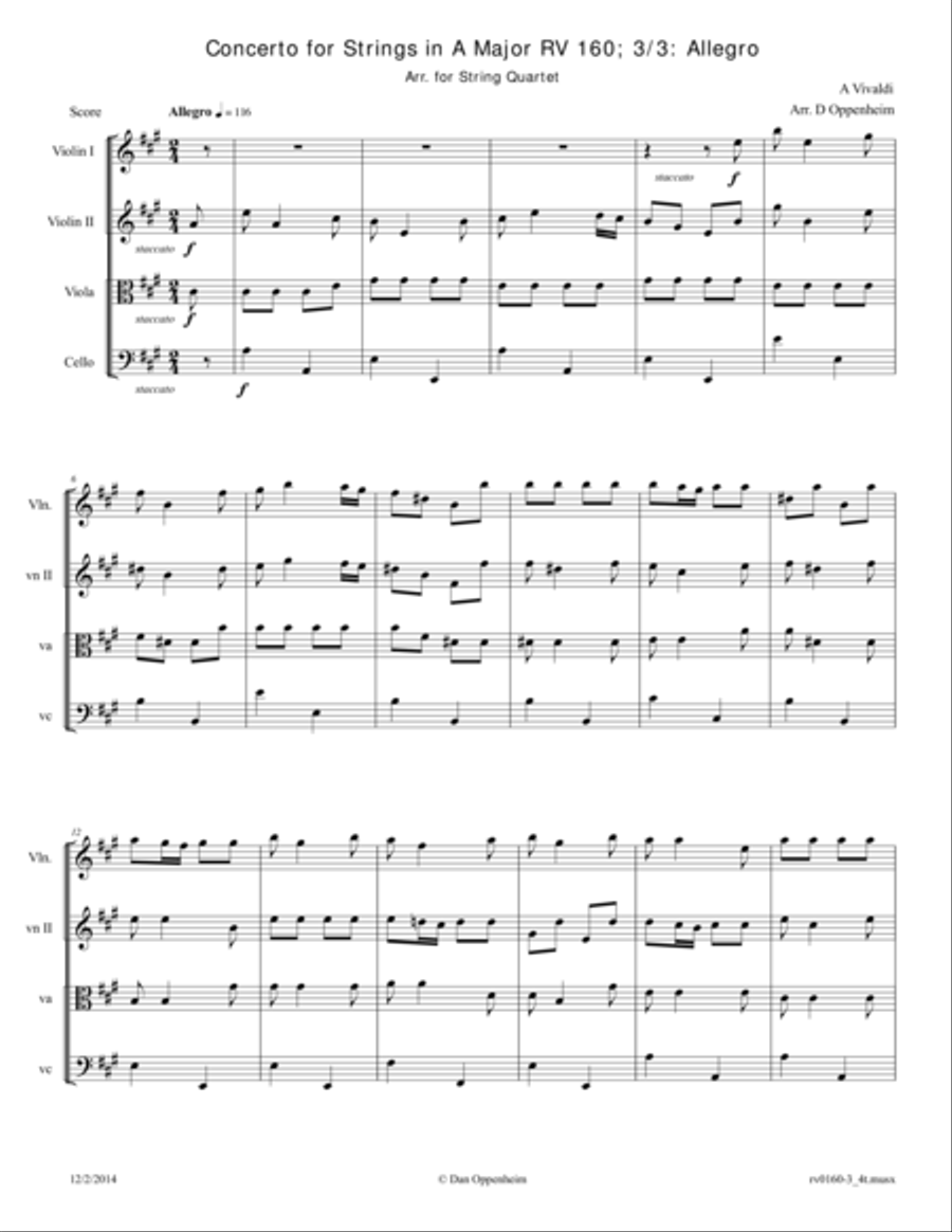 Vivaldi: Concerto for Strings in A Major RV 160; Movement 3: Allegro Arr. for String Quartet String Quartet scores gallery preview page 1