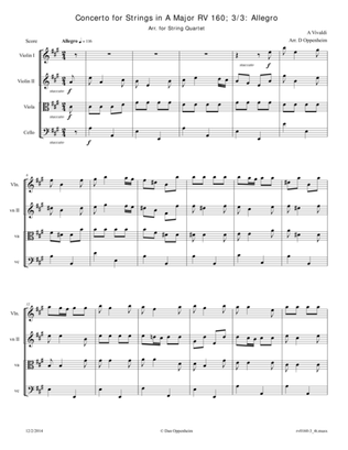 Book cover for Vivaldi: Concerto for Strings in A Major RV 160; Movement 3: Allegro Arr. for String Quartet