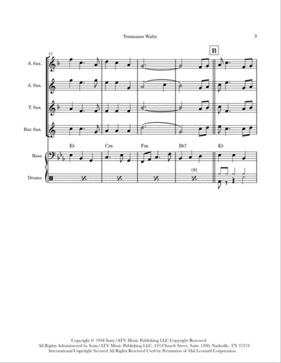 Tennessee Waltz Saxophone Quartet scores gallery preview page 3