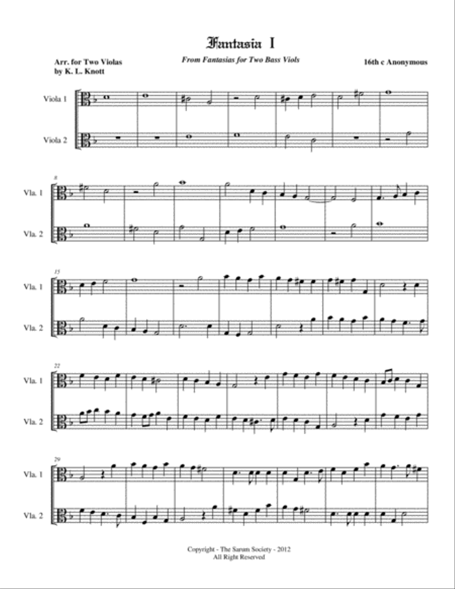 5 RENAISSENCE FANTASIAS for 2 Violas by 16th Century Anonymous Composer (arr. K. L. Knott) Viola scores gallery preview page 1