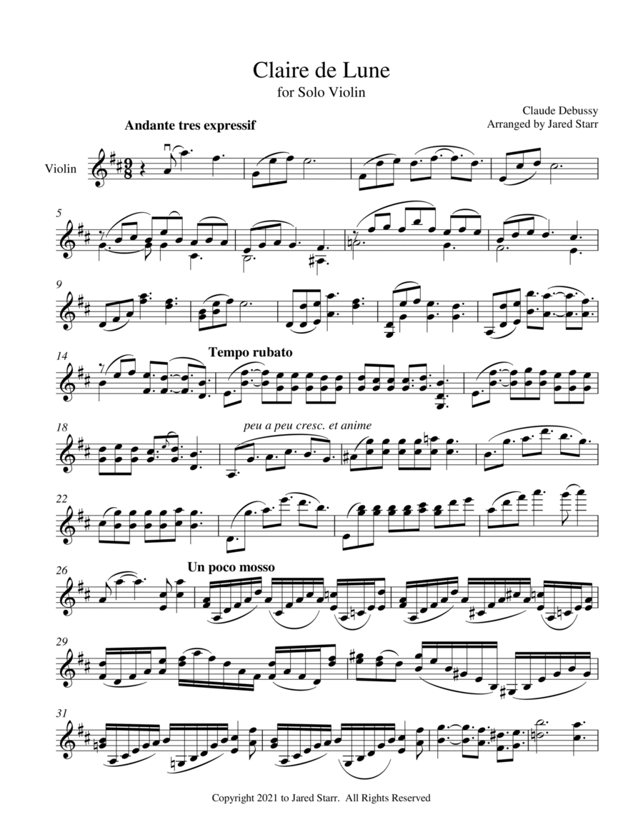 Claire de Lune for Solo Violin Violin Solo scores gallery preview page 1