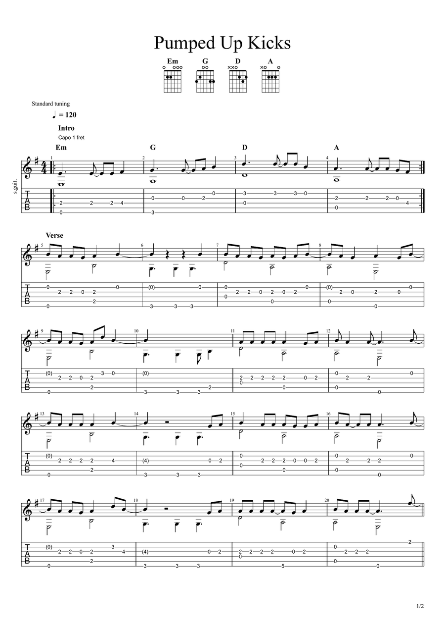 Pumped Up Kicks Guitar Tablature scores gallery preview page 1