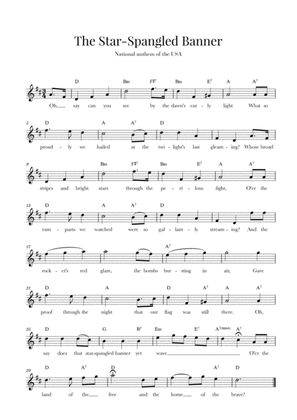The Star Spangled Banner (National Anthem of the USA) - with lyrics - D Major
