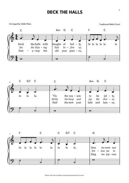 Deck The Halls - Easy Beginner Piano (Chords and Lyrics) image number null