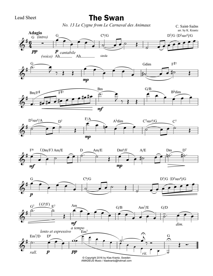 The Swan / Le cygne (G Major) lead sheet Piano scores gallery preview page 1