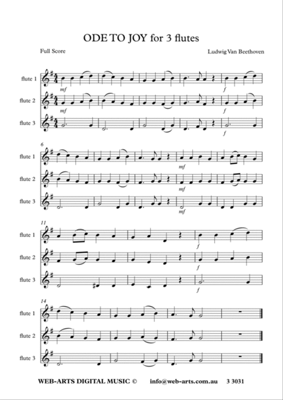 ODE TO JOY from 9th Symphony Easy arrangement for 3 flutes (3 3031) - BEETHOVEN + Flute Trio scores gallery preview page 2