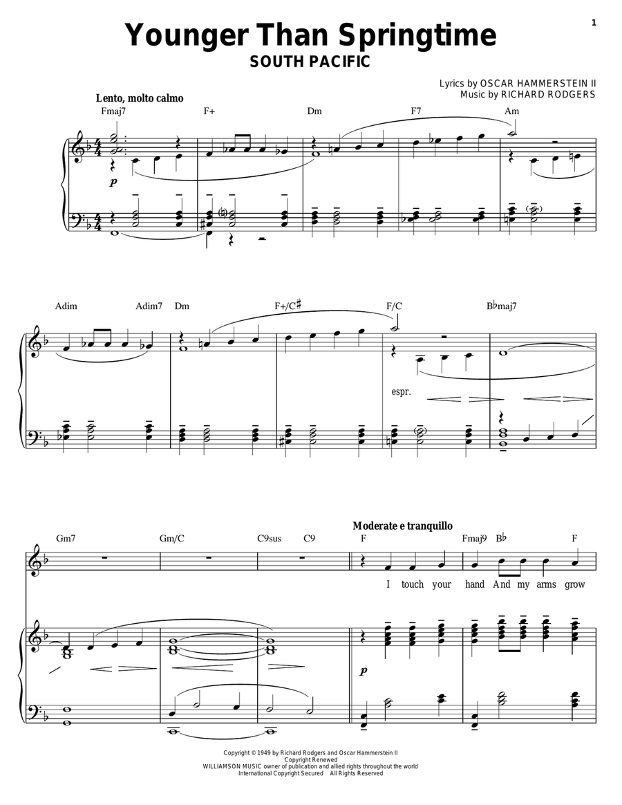 Younger Than Springtime Piano, Vocal, Guitar scores gallery preview page 1