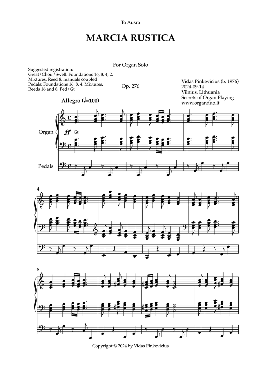 Marcia Rustica, Op. 276 (Organ Solo) by Vidas Pinkevicius (2024) Organ Solo scores gallery preview page 1