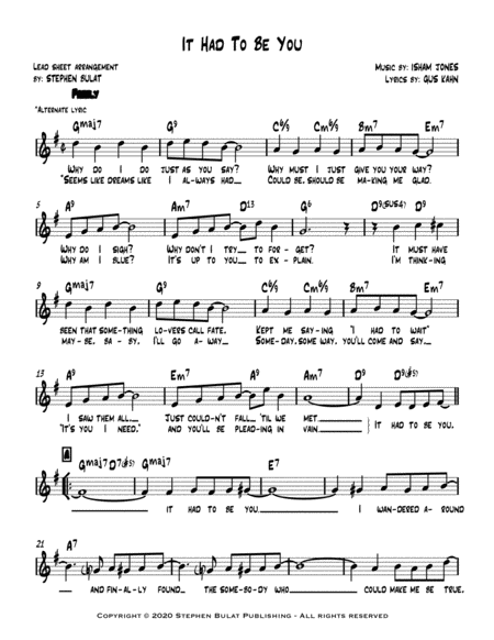 It Had To Be You (Harry Connick Jr., Frank Sinatra) - Lead sheet in original key of G