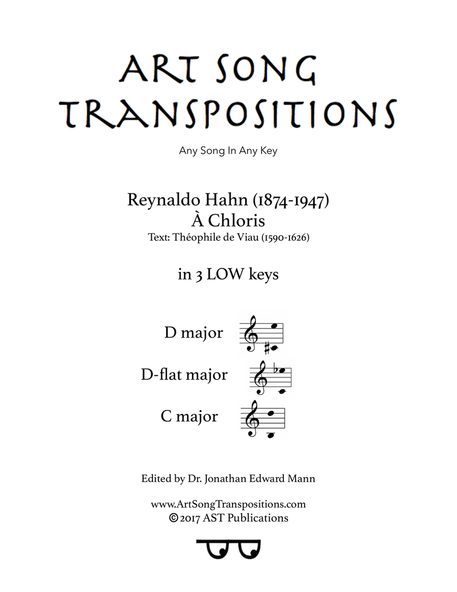 HAHN: À Chloris (in 3 low keys: D, D-flat, C major) Piano, Vocal scores gallery preview page 1