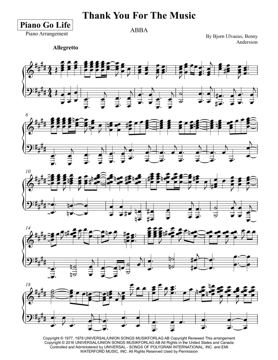 Thank You For The Music Piano Solo scores gallery preview page 1