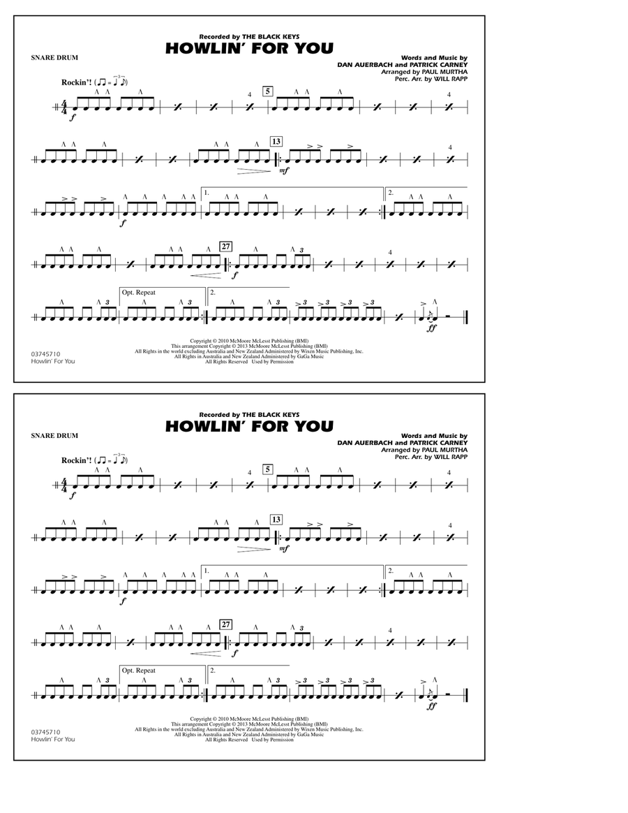Howlin' For You - Snare Drum Marching Band scores gallery preview page 1