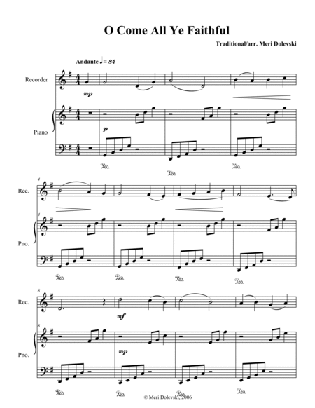 O Come All Ye Faithful: recorder/piano