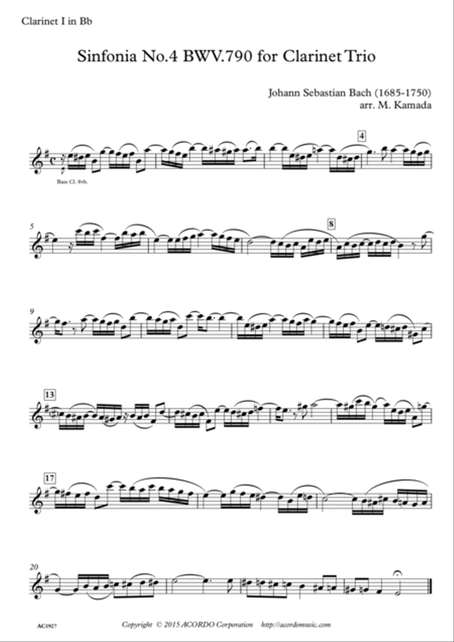Sinfonia No.4 BWV.790 for Clarinet Trio Clarinet Trio scores gallery preview page 3