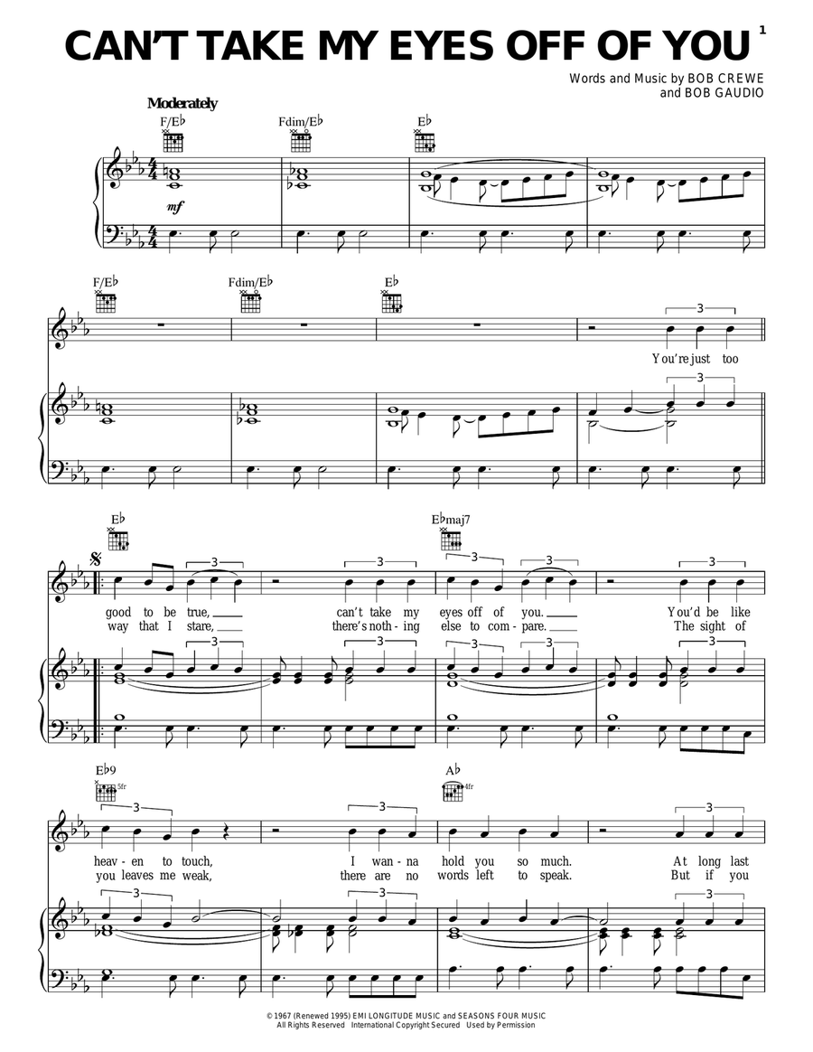 Can't Take My Eyes Off Of You (from Jersey Boys) Piano, Vocal, Guitar scores gallery preview page 1