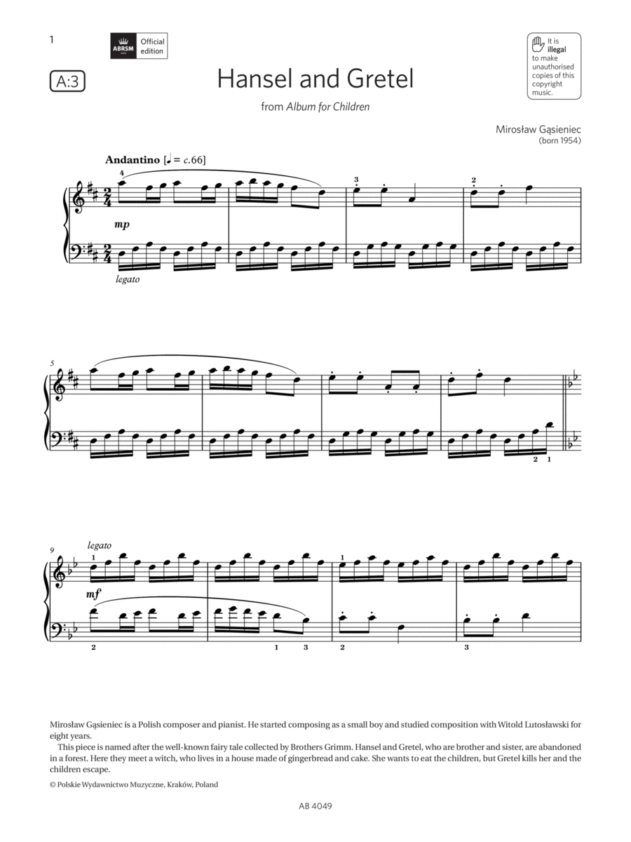 Hansel and Gretel (Grade 3, list A3, from the ABRSM Piano Syllabus 2023 & 2024) Piano Method scores gallery preview page 1
