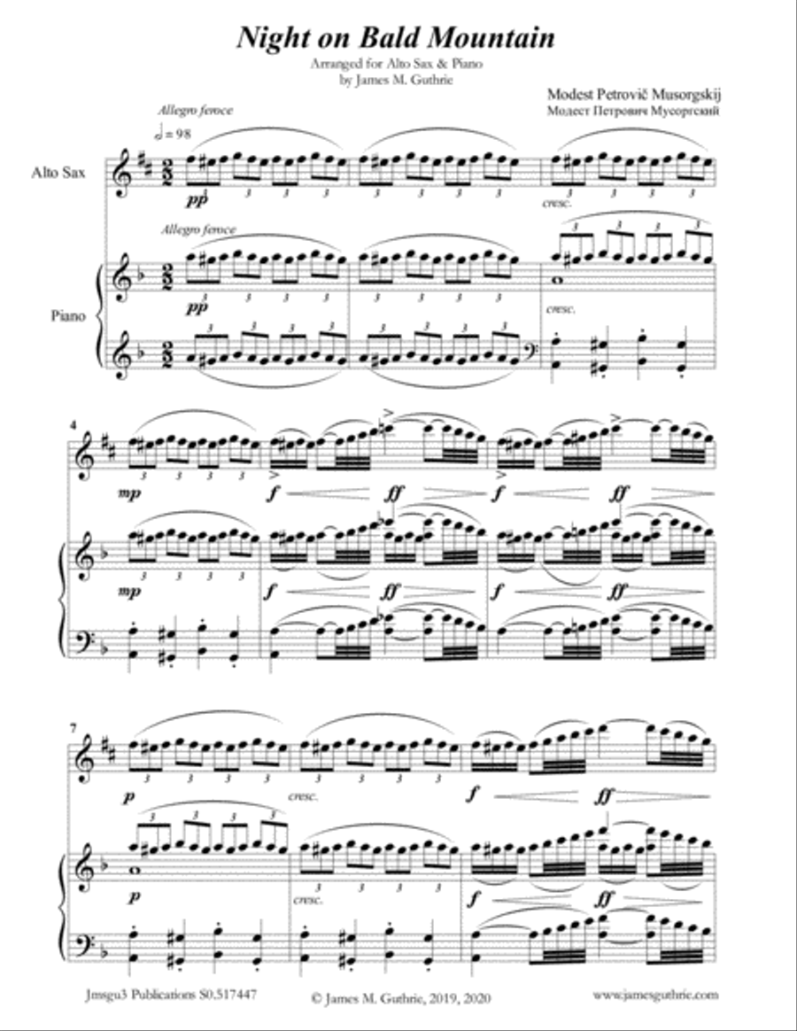 Mussorgsky: Night on Bald Mountain for Alto Sax & Piano Alto Saxophone scores gallery preview page 1