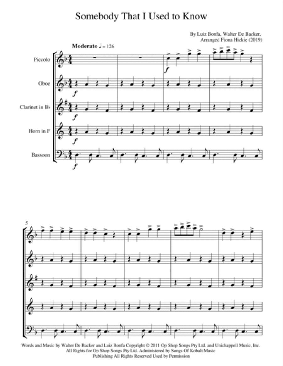 Somebody That I Used To Know Woodwind Quintet scores gallery preview page 2