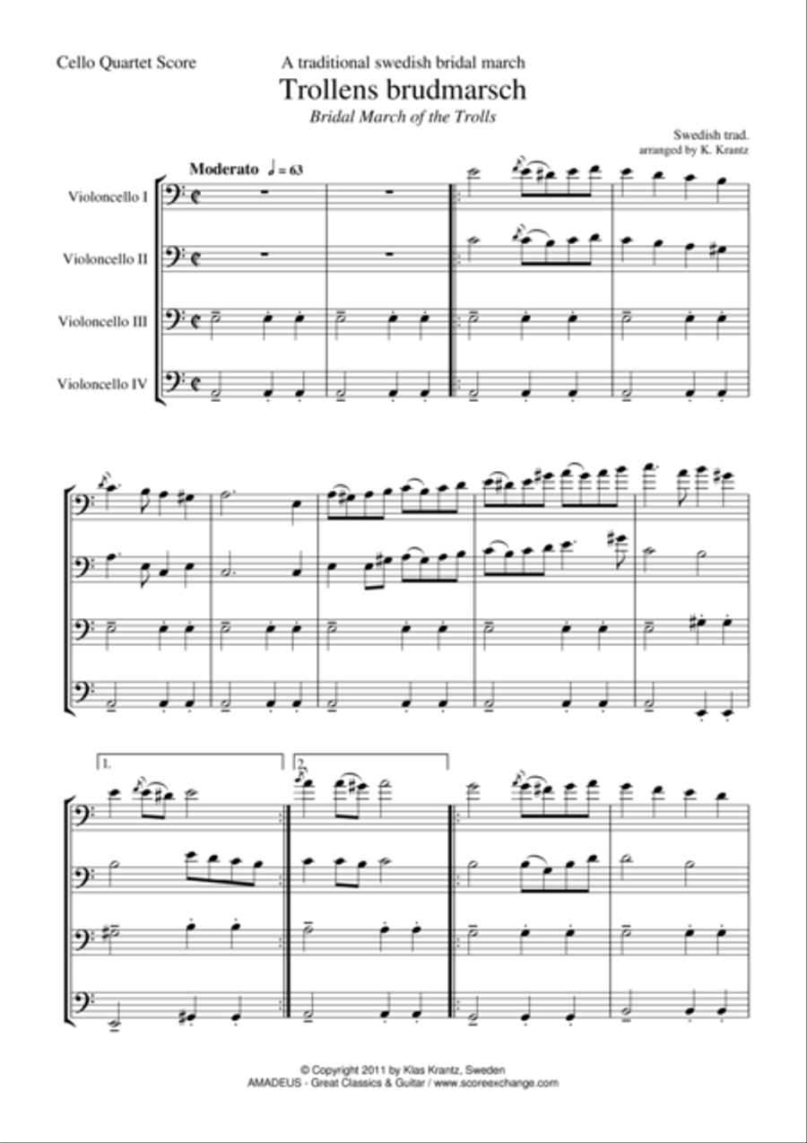 Trollens brudmarsch / Bridal march of the trolls for cello quartet Cello Solo scores gallery preview page 1