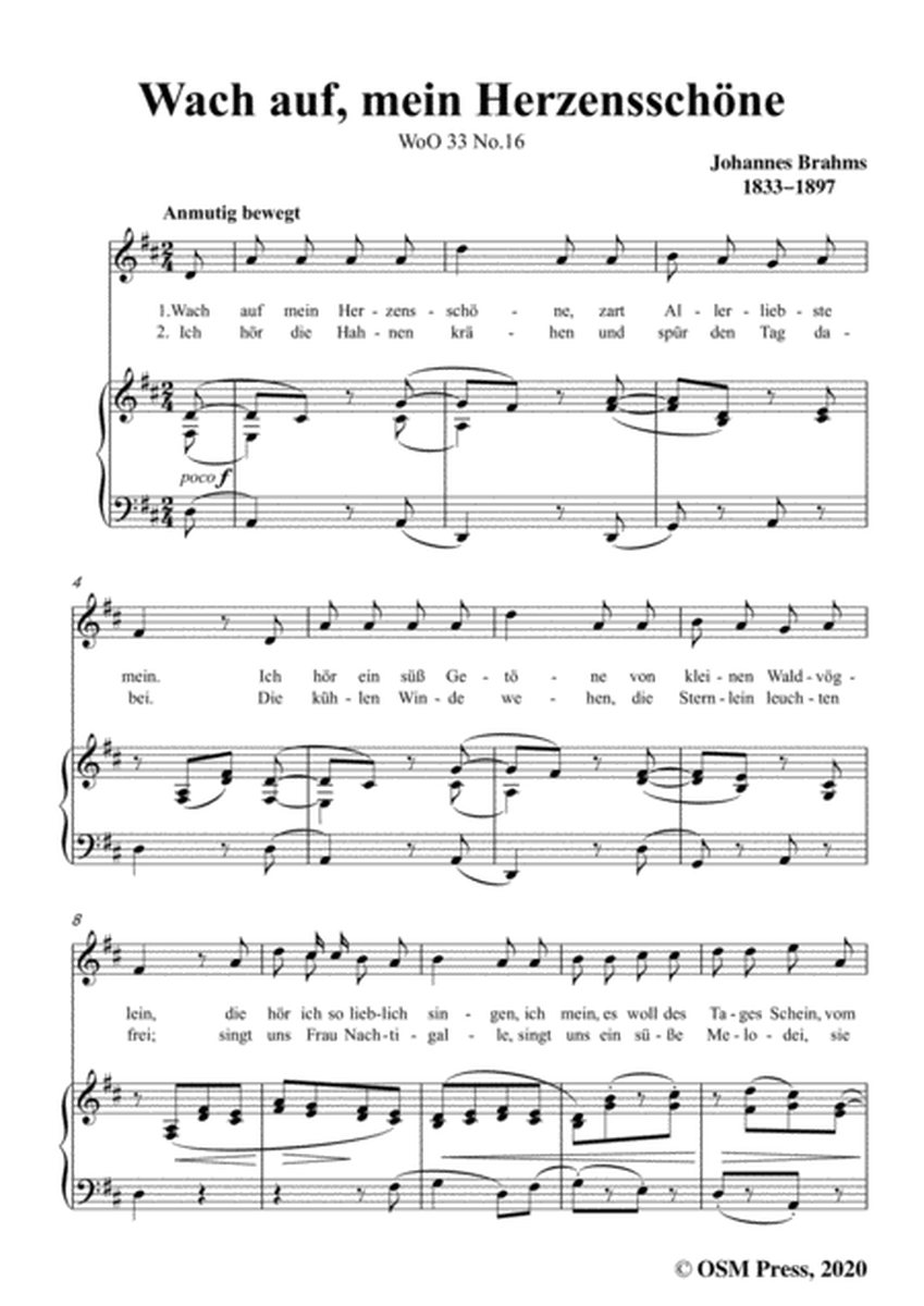 Brahms-Wach auf,Mein Herzensschöne,WoO 33 No.16,in D Major,for Voice&Piano