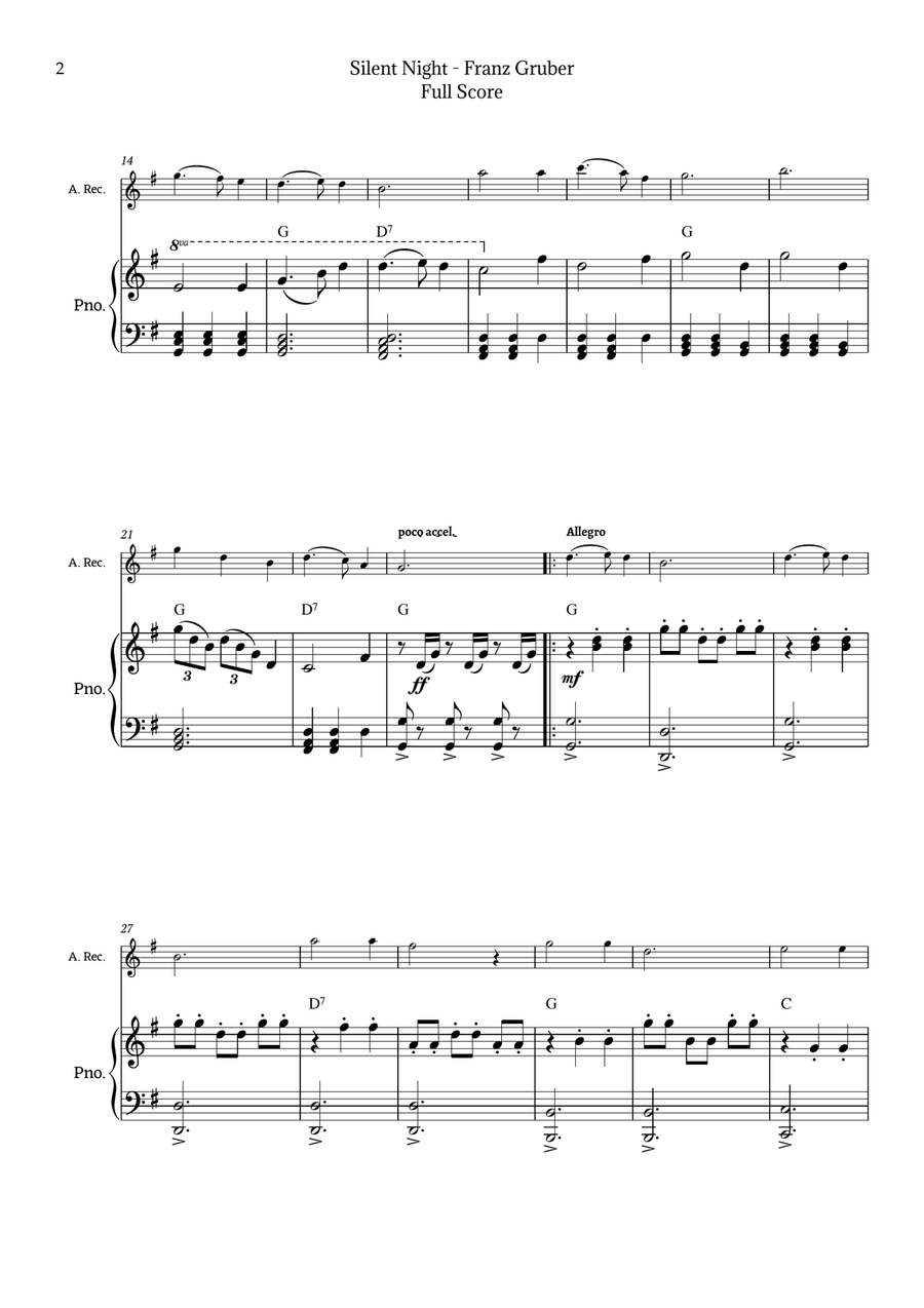 Silent Night for Alto Recorder and Piano Chamber Music scores gallery preview page 2