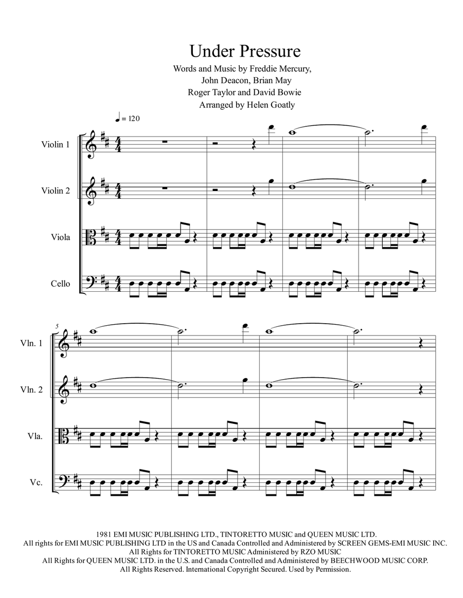 Under Pressure String Quartet scores gallery preview page 1