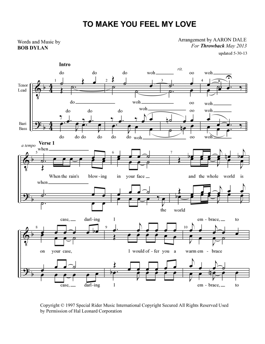 To Make You Feel My Love TTBB scores gallery preview page 1