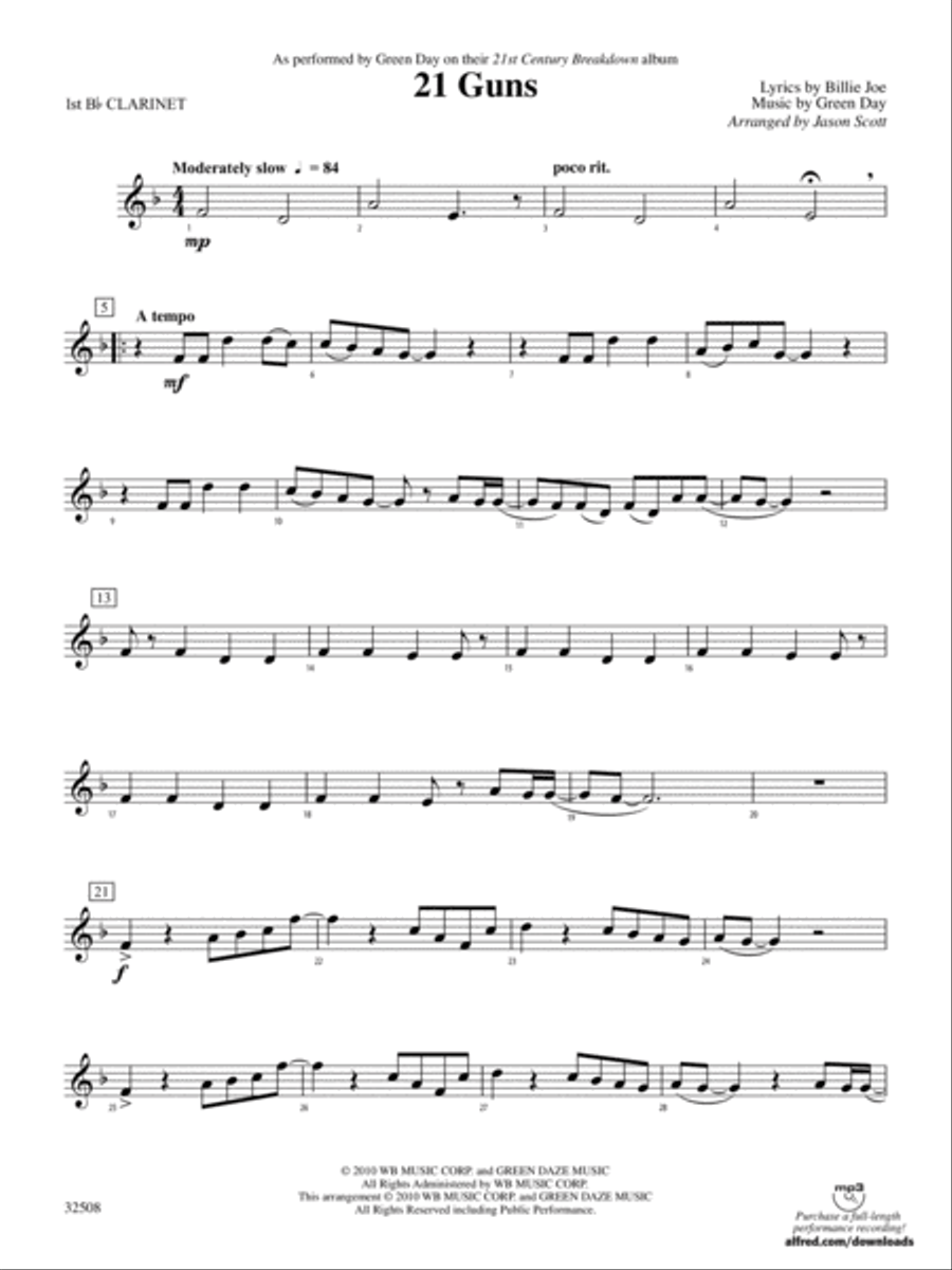21 Guns: 1st B-flat Clarinet Concert Band scores gallery preview page 1