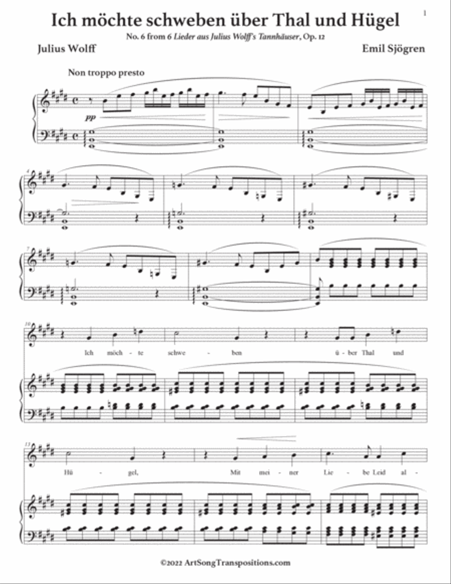 SJÖGREN: Ich möchte schweben über Thal und Hügel, Op. 12 no. 6 (transposed to E major) Voice scores gallery preview page 2