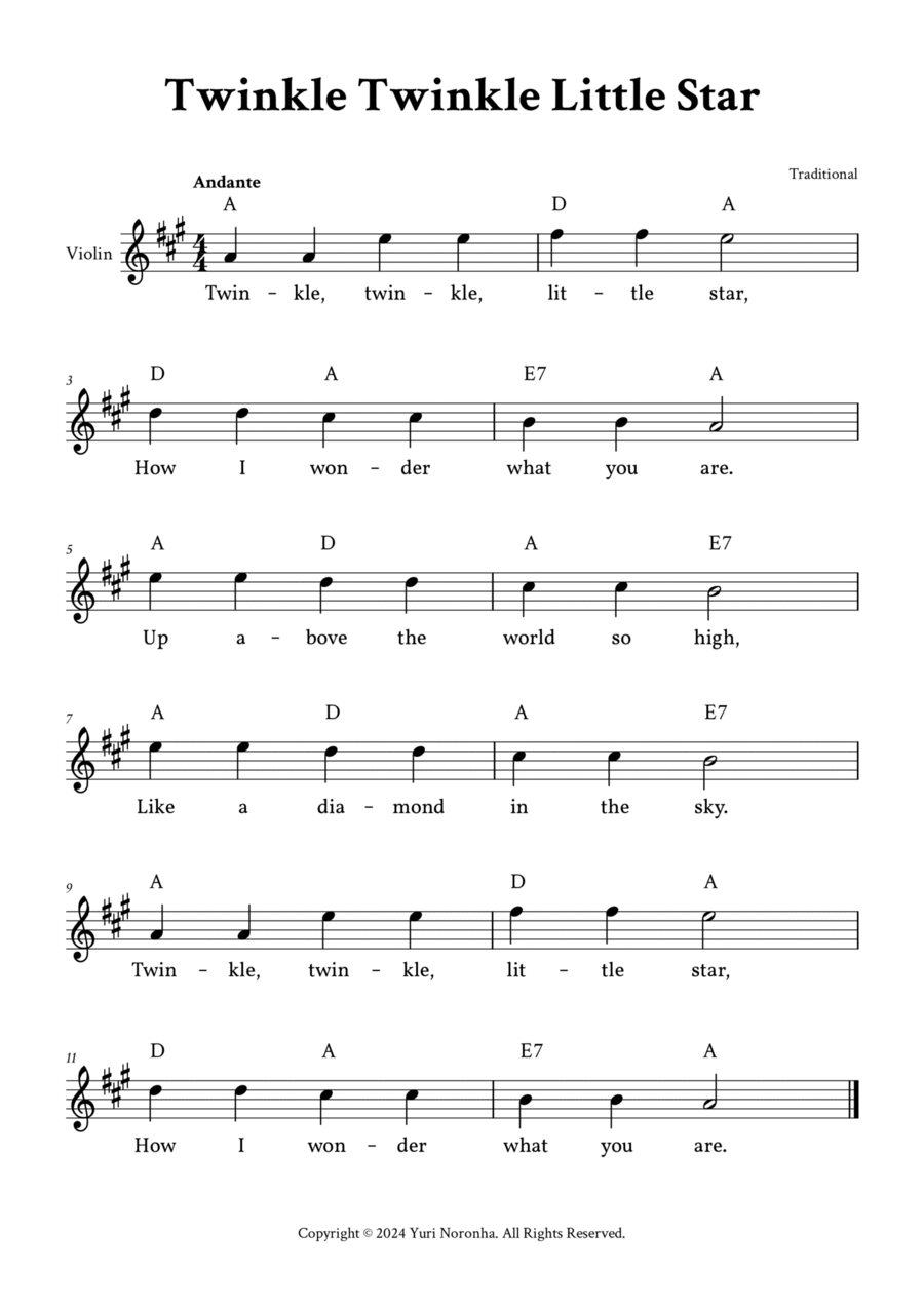 Twinkle Twinkle Little Star (A Major - with Lyrics, Chords) Violin Solo scores gallery preview page 1