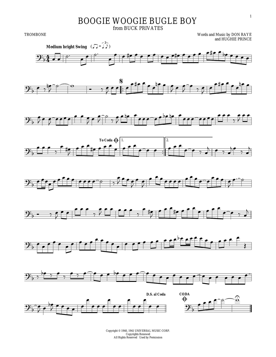 Boogie Woogie Bugle Boy Boogie Woogie Bugle Boy Trombone Solo scores gallery preview page 1
