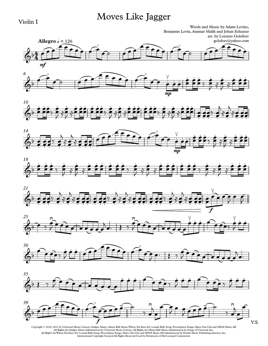 Moves Like Jagger String Quartet scores gallery preview page 1