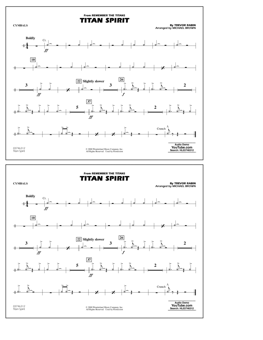 Titan Spirit (from Remember the Titans) (arr. Michael Brown) - Cymbals Percussion scores gallery preview page 1