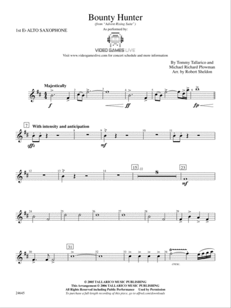 Bounty Hunter (from Advent Rising): E-flat Alto Saxophone Concert Band scores gallery preview page 1