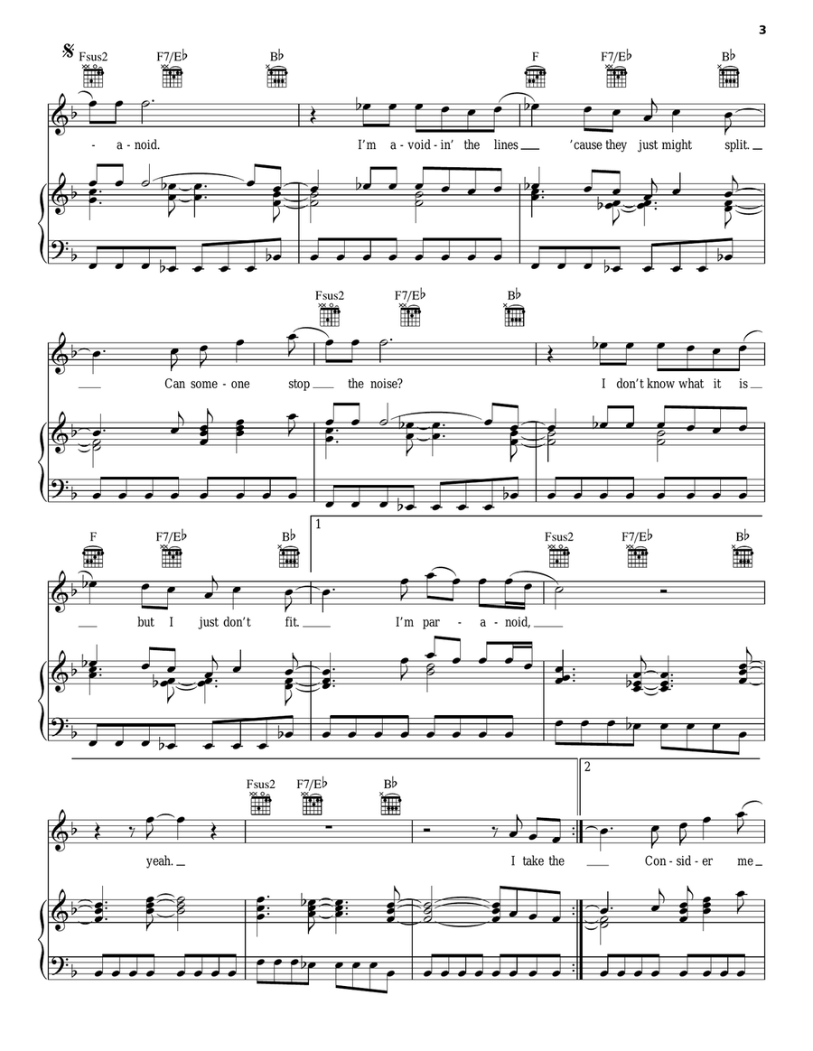 Paranoid Piano, Vocal, Guitar scores gallery preview page 3